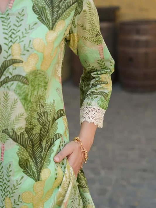 Ethnic Cotton Blend Co Ord Set | Casual Wear Pant Top Set | Fancy Co-Ord Set | Full Pair Set | Women Kurta Sets Kurtis | Women Kurta Pant Set | Coord Sets for Women | Green Top Pant Set