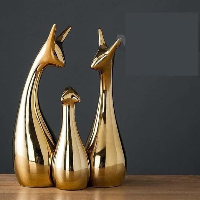 LIFEHAXTORE® Home Decor Lucky Deer Statue Family Piano Finish Ceramic Figures - (Set of 3, Golden Set)