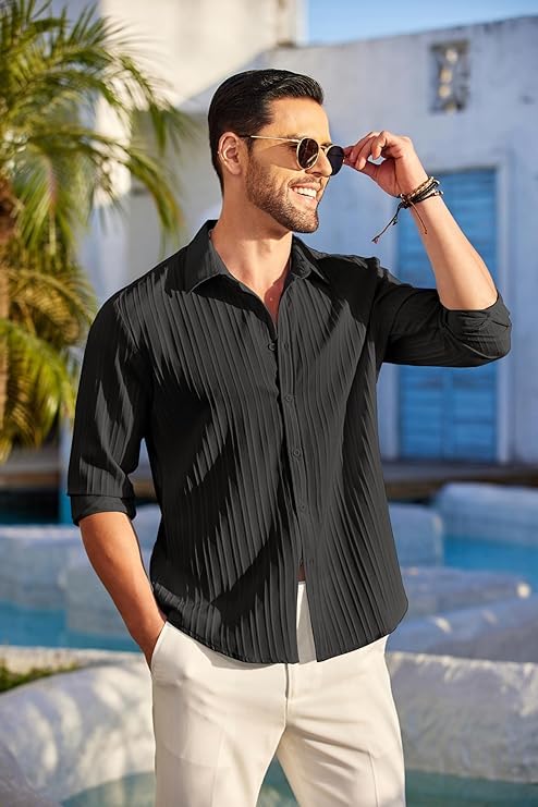 CB-COLEBROOK Men's Casual Button Down Shirts Long Sleeve Linen Shirt Fashion Textured Beach Summer Shirt