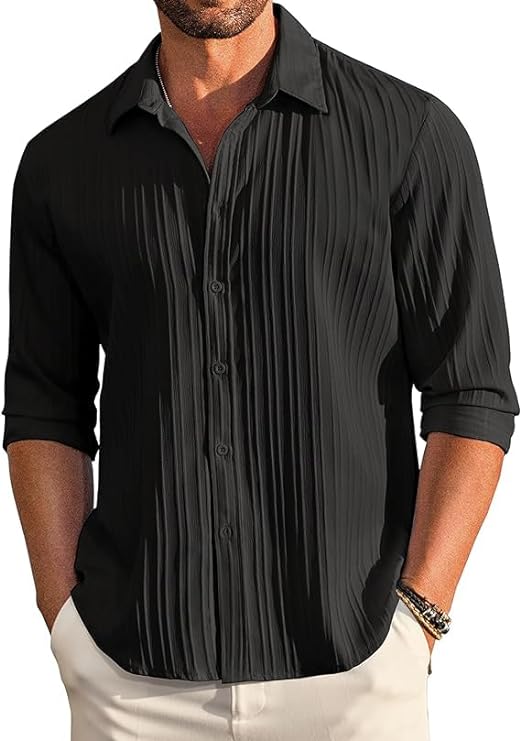 CB-COLEBROOK Men's Casual Button Down Shirts Long Sleeve Linen Shirt Fashion Textured Beach Summer Shirt