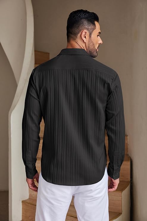 CB-COLEBROOK Men's Casual Button Down Shirts Long Sleeve Linen Shirt Fashion Textured Beach Summer Shirt