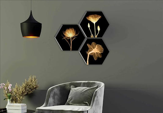 SAF Set of 3 Hexagon Preety Brown Floral UV Textured MDF Home Decorative Gift Item Painting 17 Inch X 17 Inch SANFHX15SMALL