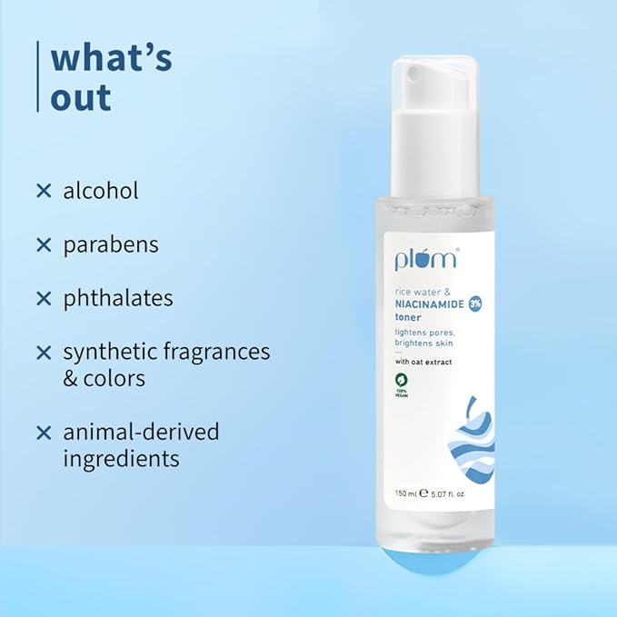 Plum 3% Niacinamide & Rice Water Face Toner | Alcohol-Free Toner for Oily Acne Prone Dry Combination Skin | Pore Tightening & Glowing Skin |Fades Blemishes, Brightens & Smoothens | Women & Men | 150ml