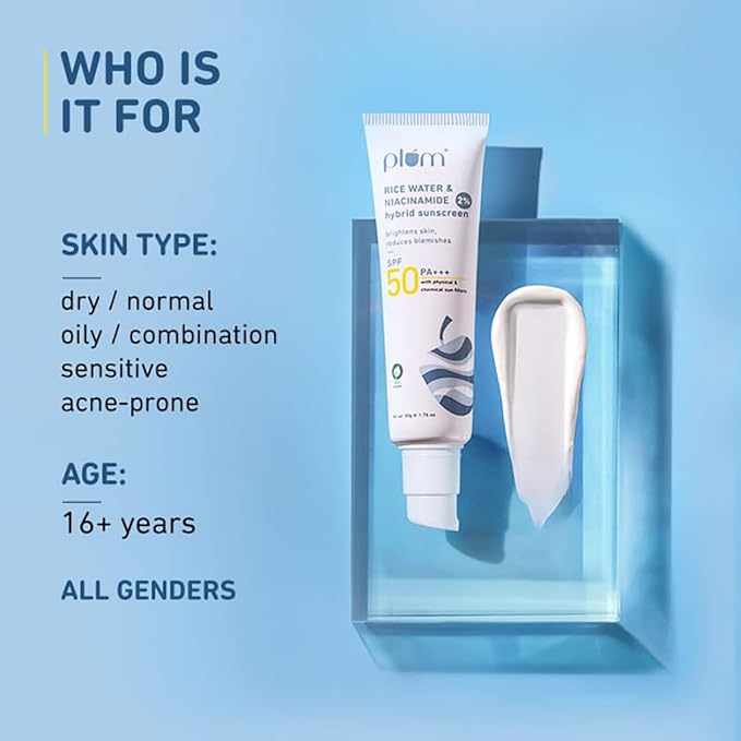 Plum 2% Niacinamide & Rice Water Sunscreen SPF 50 PA+++ | for Oily, Dry & Combination Skin | UVA/UVB Protection | Reduces Tan & Brightens Skin | No White Cast & Non-Sticky | for Women & Men | 50g