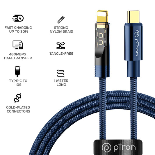 pTron Solero 30W Type-C to 8 Pin iOS Device Fast Charging USB Cable, Compatible with iPhone 14, 14 Pro, 14 Pro Max, 14 Plus, 13, 13 Pro,Max, 13 Mini,12,12 Pro, Unbreakable Nylon Braid (1M, Blue)