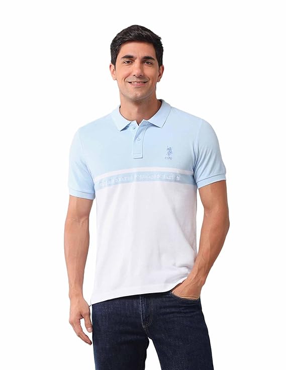 U.S. Polo Assn. Men's Blue Colour Blocked Polo Collar Half Sleeve Casual Cotton Slim Fit T-Shirt