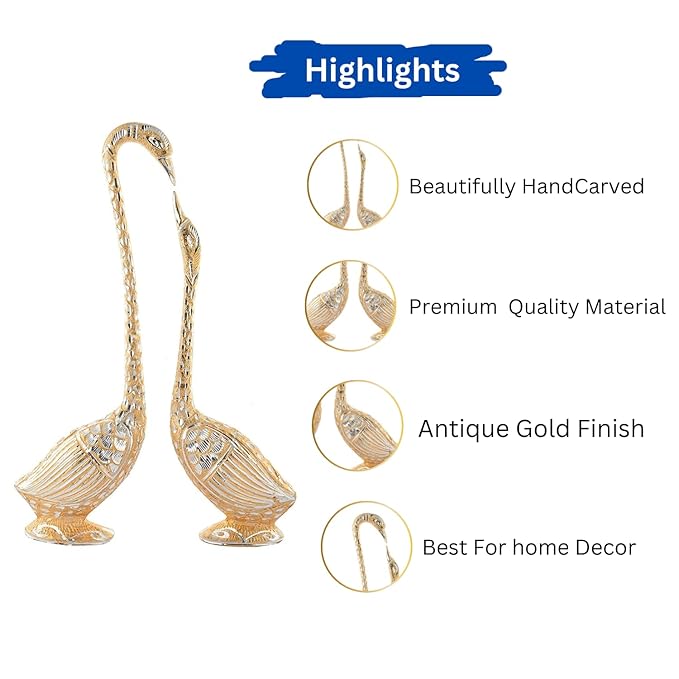 WebelKart Pair of Kissing Duck, Swan Showpiece For Home Decor - 29 cm (Aluminium, Golden )