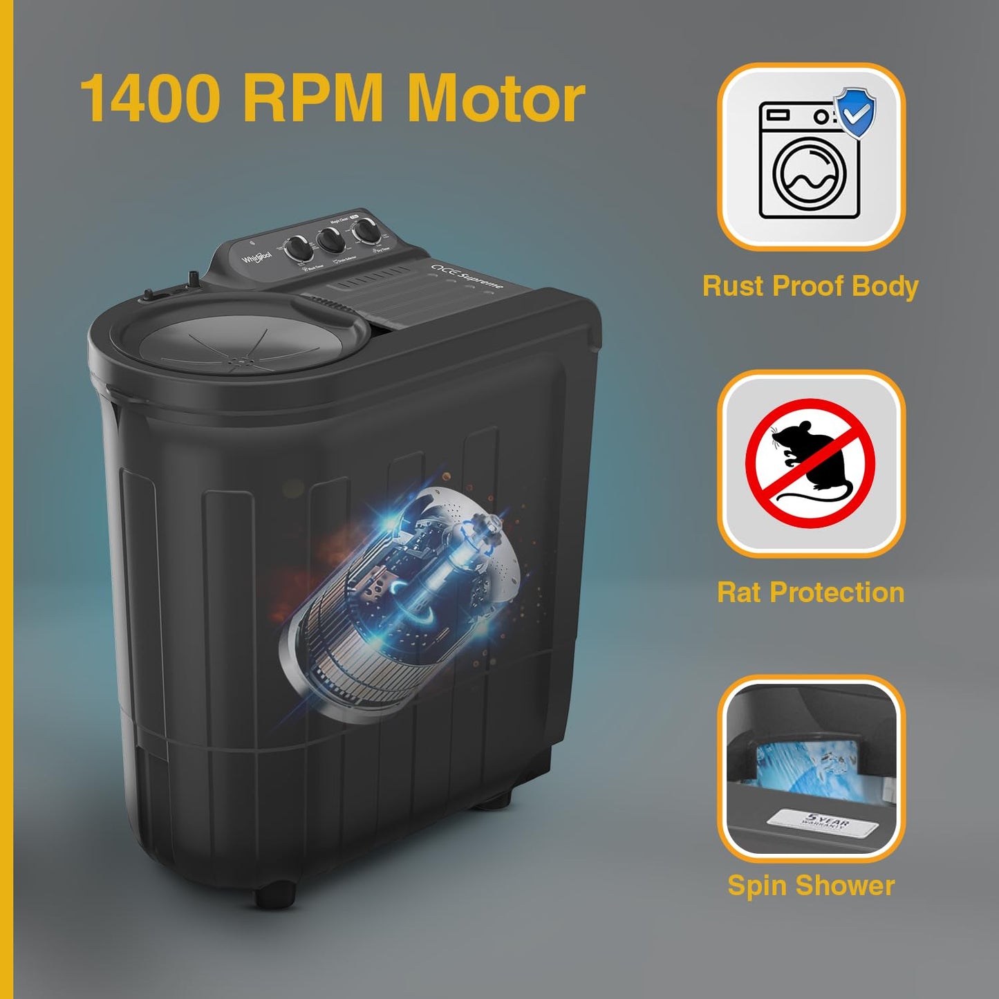 Whirlpool 7.0 Kg 5 Star MAGIC CLEAN Semi-Automatic Top Loading Washing Machine (MAGIC CLEAN RYL SRS 7.0 GREY DAZZLE (5YR), 4 Year Comprehensive Warranty, 1400 RPM Motor, 5 Year Motor Warranty)
