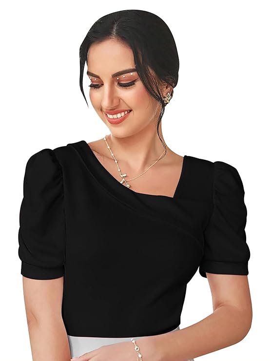 Dream Beauty Fashion Women's Asymmetric Neck Puff/Balloon Bishop Sleeve Elegant Casual Tee Top(Top Paris-01)