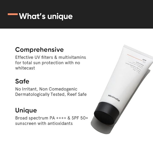 Minimalist Sunscreen SPF 50 PA++++ | Clinically Tested in US (In-Vivo) | Lightweight Cream with Multi-Vitamins | No White Cast | Broad Spectrum Niacinamide Sunscreen For Oily Skin, Dry Skin | For Women & Men | 50g (Pack of 1)