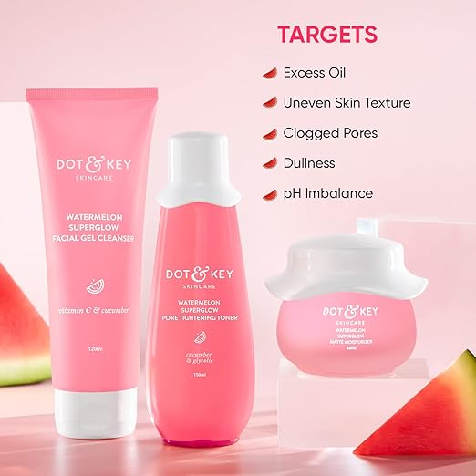 Dot & Key Watermelon CTM Kit | Cleanser 100ml, Toner 150ml, Moisturizer 60ml | For Normal, Combination & Oily Skin | For Oil Free Glowing Skin Care | For Women & Men