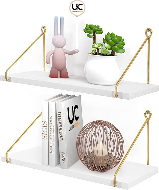 UHUD CRAFTS Wall Shelf for Living Room, Metallic Gold White Wall Mounted Shelves, Home Decor Items for Living Room/Bedroom, Set of 2