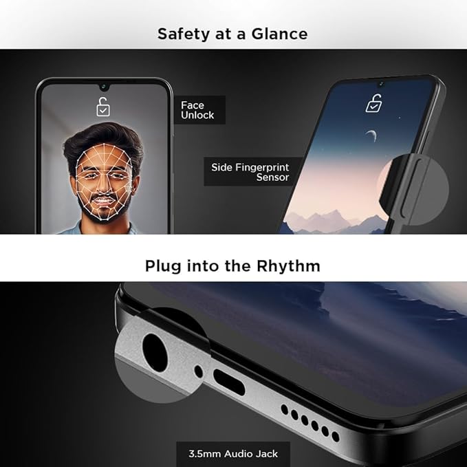 Lava O3 (Glossy Black, 4 GB RAM, 64 GB Storage) | Biggest 6.75" HD+ Display | 13MP AI Dual Rear Camera | 5000 mAh Battery | Secure Face Unlock | Fingerprint Reader | Charger & Phone-Cover in Box