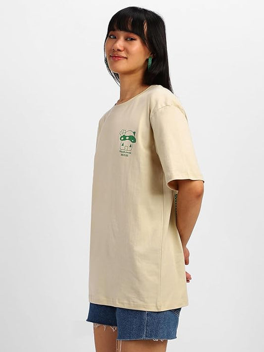 Baggy Fit Round Neck Drop Shoulder Swan White Back Graphic Printed T-Shirt for