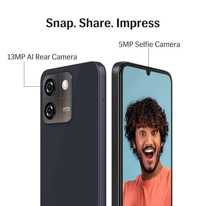 Lava O3 (Glossy Black, 4 GB RAM, 64 GB Storage) | Biggest 6.75" HD+ Display | 13MP AI Dual Rear Camera | 5000 mAh Battery | Secure Face Unlock | Fingerprint Reader | Charger & Phone-Cover in Box