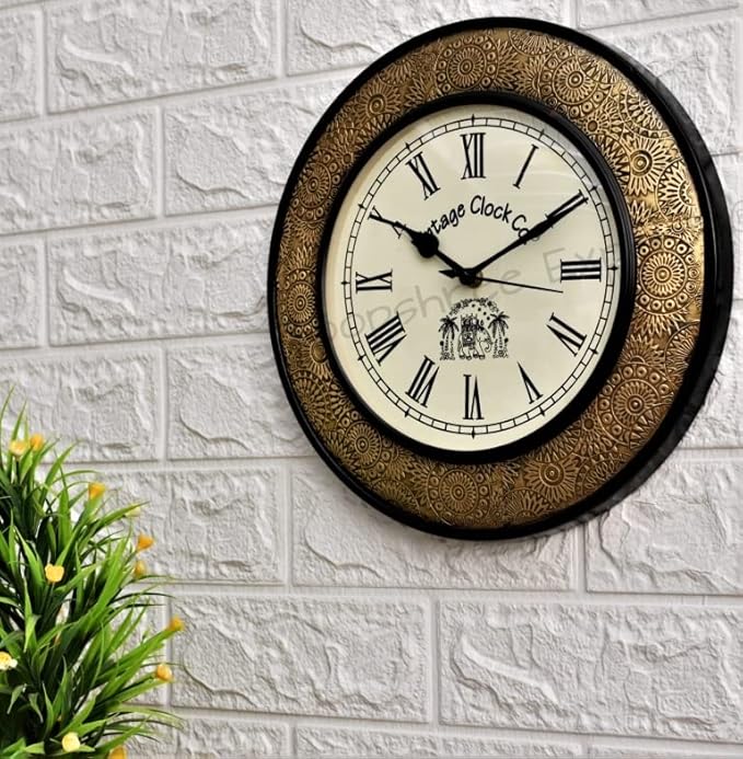 Vintage Clock Handcrafted Brass Inlay Wooden Clock / 1 Year Warranty / Roman Numerals (Vc-1711-12-R), Analog