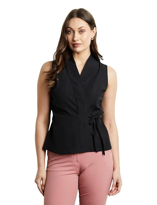 Premium Women's Solid Sleeveless Wrap Top (Regular Fit | Desk-to-Dinner)