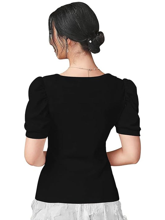 Dream Beauty Fashion Women's Asymmetric Neck Puff/Balloon Bishop Sleeve Elegant Casual Tee Top(Top Paris-01)