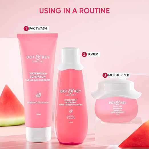 Dot & Key Watermelon CTM Kit | Cleanser 100ml, Toner 150ml, Moisturizer 60ml | For Normal, Combination & Oily Skin | For Oil Free Glowing Skin Care | For Women & Men