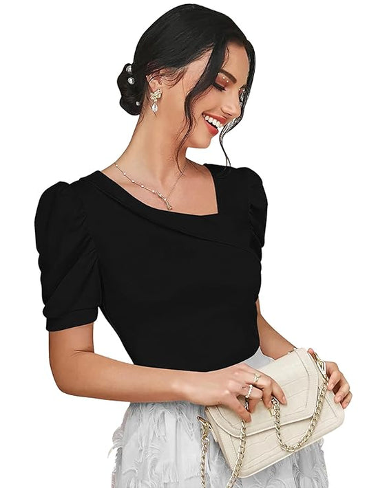 Dream Beauty Fashion Women's Asymmetric Neck Puff/Balloon Bishop Sleeve Elegant Casual Tee Top(Top Paris-01)