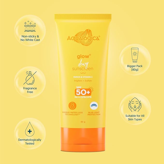 Aqualogica Glow+ Dewy Sunscreen SPF 50 PA++++ with Papaya & Vitamin C | For Dry, Sensitive, Oily & Combination Skin | UVA/B & Blue Light Protection | Fragrance-Free | For Men & Women | 80g