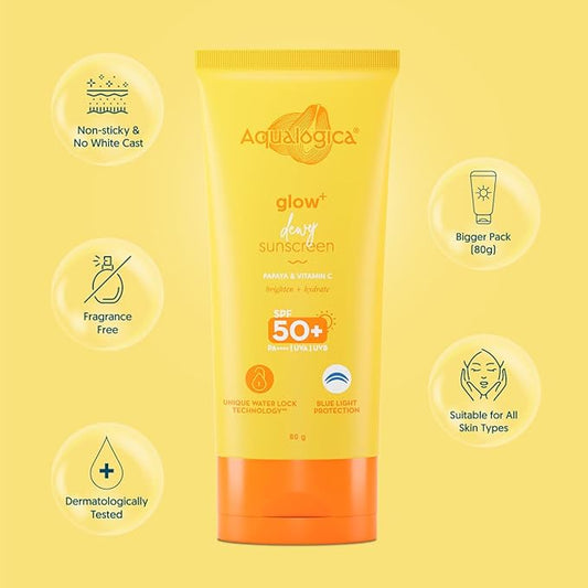 Aqualogica Glow+ Dewy Sunscreen SPF 50 PA++++ with Papaya & Vitamin C | For Dry, Sensitive, Oily & Combination Skin | UVA/B & Blue Light Protection | Fragrance-Free | For Men & Women | 80g