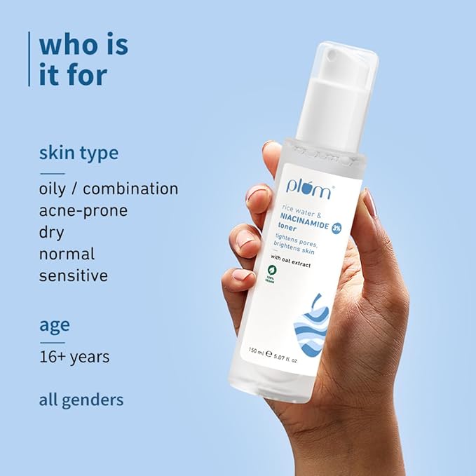 Plum 3% Niacinamide & Rice Water Face Toner | Alcohol-Free Toner for Oily Acne Prone Dry Combination Skin | Pore Tightening & Glowing Skin |Fades Blemishes, Brightens & Smoothens | Women & Men | 150ml