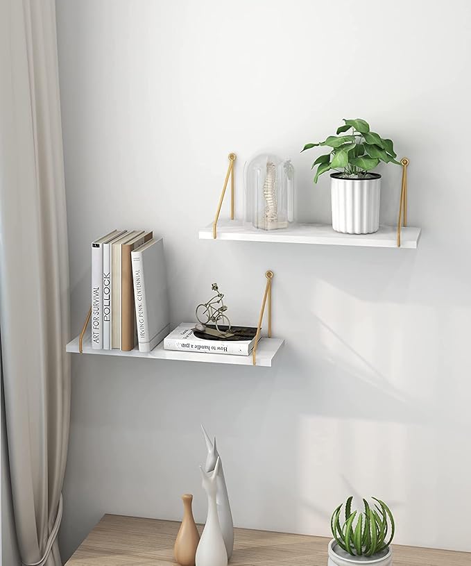 UHUD CRAFTS Wall Shelf for Living Room, Metallic Gold White Wall Mounted Shelves, Home Decor Items for Living Room/Bedroom, Set of 2