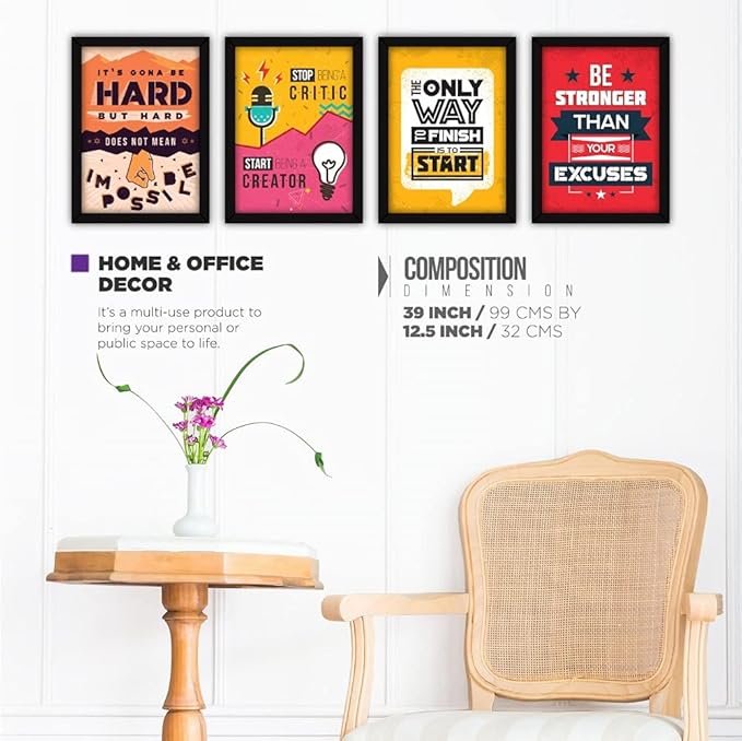 FATMUG Framed Wall Paintings Inspiring Quotes For Office and Home - Set of 4 - Happiness,Resin