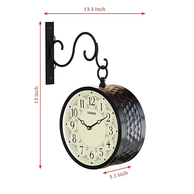 Solimo Double Sided Vintage Station Wall Clock, one Side Roman and Other Side Numeral dial (8 Inches, Black) Metal, Analog