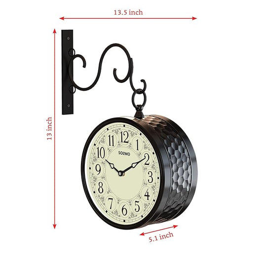 Solimo Double Sided Vintage Station Wall Clock, one Side Roman and Other Side Numeral dial (8 Inches, Black) Metal, Analog