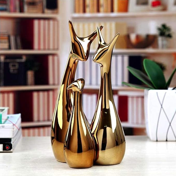 LIFEHAXTORE® Home Decor Lucky Deer Statue Family Piano Finish Ceramic Figures - (Set of 3, Golden Set)