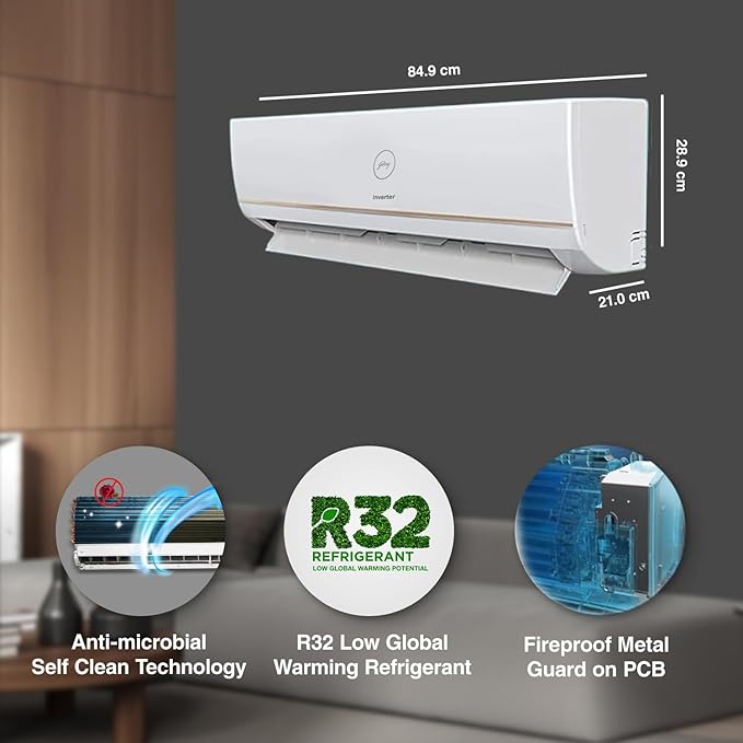 Godrej 1 Ton 3 Star, 5 Years Comprehensive Warranty, 5-In-1 Convertible Cooling, Inverter Split AC (Copper, I-Sense Technology, AC 1T EI 12TINV3R32-GWA Split, White)