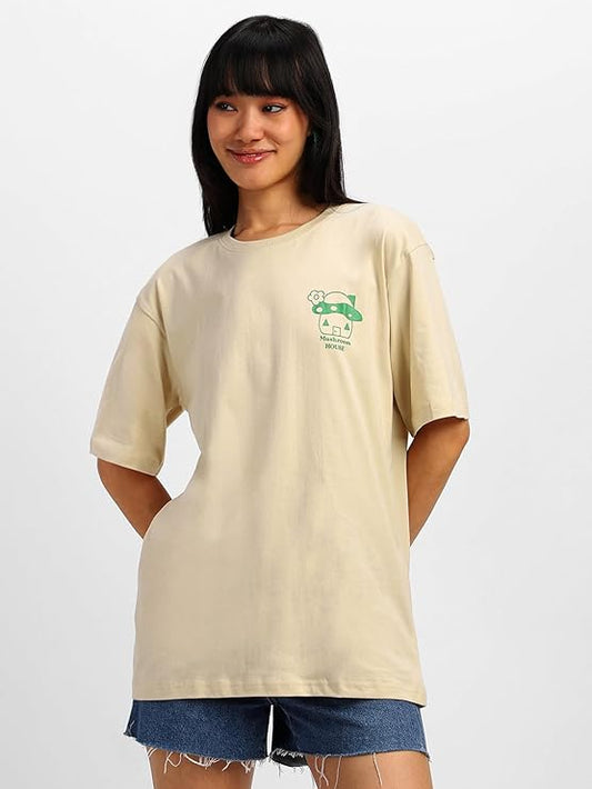 Baggy Fit Round Neck Drop Shoulder Swan White Back Graphic Printed T-Shirt for