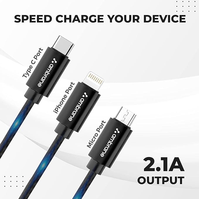 Ambrane Unbreakable 3 in 1 USB Fast Charging USB Cable with Type C, Lightning, Micro USB Port with 2.1 A, Compatible with iPhone, iPad, Samsung, OnePlus, Mi, Oppo, Vivo, Xiaomi, 1.25M (Trio-11, Black)