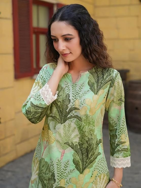 Ethnic Cotton Blend Co Ord Set | Casual Wear Pant Top Set | Fancy Co-Ord Set | Full Pair Set | Women Kurta Sets Kurtis | Women Kurta Pant Set | Coord Sets for Women | Green Top Pant Set