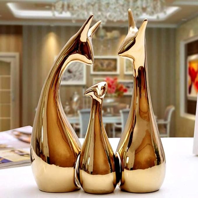 LIFEHAXTORE® Home Decor Lucky Deer Statue Family Piano Finish Ceramic Figures - (Set of 3, Golden Set)