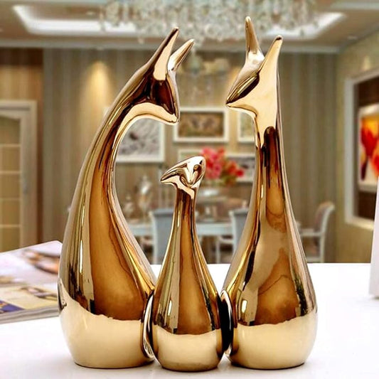 LIFEHAXTORE® Home Decor Lucky Deer Statue Family Piano Finish Ceramic Figures - (Set of 3, Golden Set)