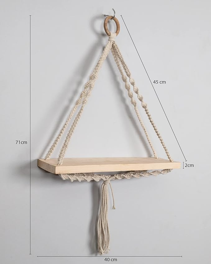 Homesake Macrame Wall Hanging Shelf Woven Home Decor Wood Floating Storage Shelf Bohemian Handmade Cotton Rope,Living Room, Balcony, Garden, (71 L x 40 W), Beige