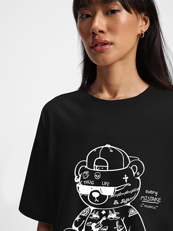 Oversized Loose Baggy Fit Drop Shoulder Half Sleeve Round Neck Cool Front Teddy Printed Cork & White T-Shirt for Women/Girls