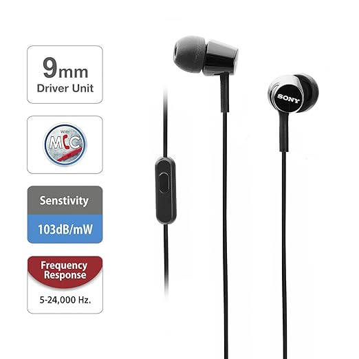 Sony MDR-EX155AP in Ear Wired Headphones with Mic, Hands-Free Call, Tangle Free Cable-Black