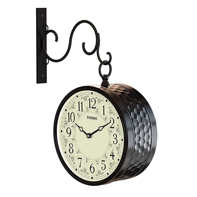 Solimo Double Sided Vintage Station Wall Clock, one Side Roman and Other Side Numeral dial (8 Inches, Black) Metal, Analog