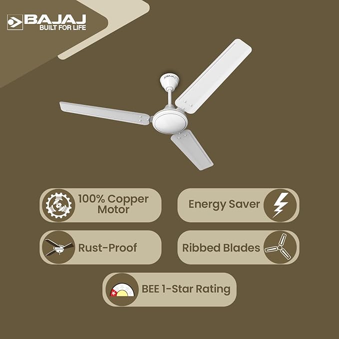 Bajaj Frore 1200 mm (48") stars Rated Ceiling Fans for Home |BEE 1 star Rated Energy Efficient Ceiling Fan |Rust Free Coating for Long Life |High Air Delivery |2-Yr Warranty White