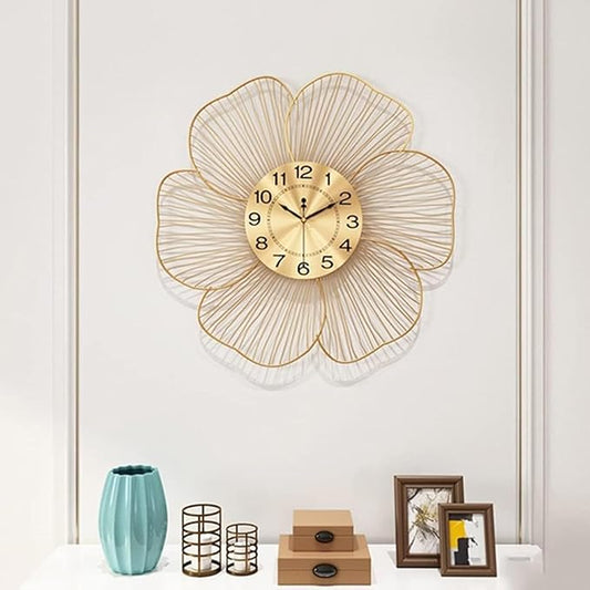RIZIK STORE™ White Gold Handmade Metal Wall Clock – Wire Design, Silent Ticking, Decorative Wall Hanging Clock for Bedroom, Living Room, Dining Room, and Hallway (53x53cm) (Design 1)