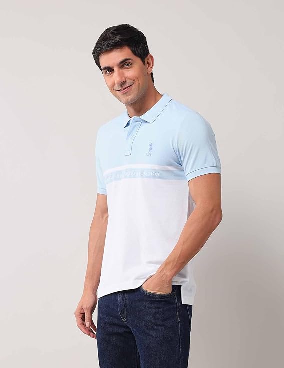 U.S. Polo Assn. Men's Blue Colour Blocked Polo Collar Half Sleeve Casual Cotton Slim Fit T-Shirt