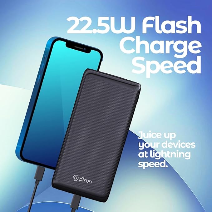 pTron Dynamo Vortex 10000mAh 22.5W Fast Charging Power Bank, 20W PD Fast Charging, Supports Xiamo, Redmi, Samsung,iPhone, Oneplus, Oppo, 2 Outputs & 1 Input & Multiple Layers of Protection (Black)