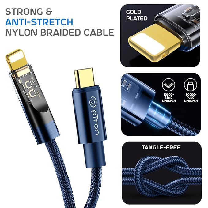 pTron Solero 30W Type-C to 8 Pin iOS Device Fast Charging USB Cable, Compatible with iPhone 14, 14 Pro, 14 Pro Max, 14 Plus, 13, 13 Pro,Max, 13 Mini,12,12 Pro, Unbreakable Nylon Braid (1M, Blue)