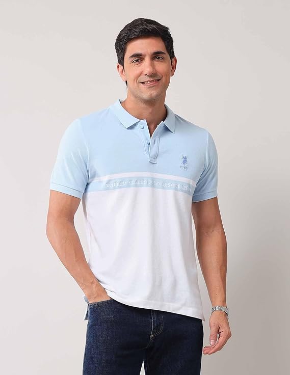 U.S. Polo Assn. Men's Blue Colour Blocked Polo Collar Half Sleeve Casual Cotton Slim Fit T-Shirt