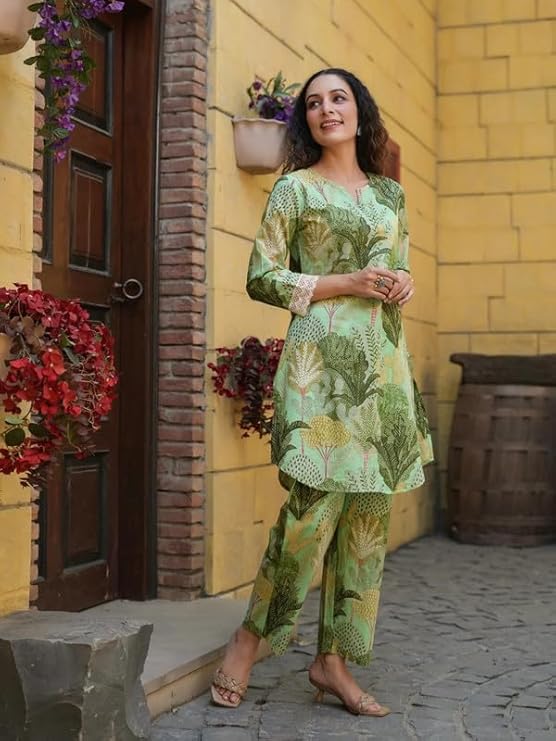 Ethnic Cotton Blend Co Ord Set | Casual Wear Pant Top Set | Fancy Co-Ord Set | Full Pair Set | Women Kurta Sets Kurtis | Women Kurta Pant Set | Coord Sets for Women | Green Top Pant Set