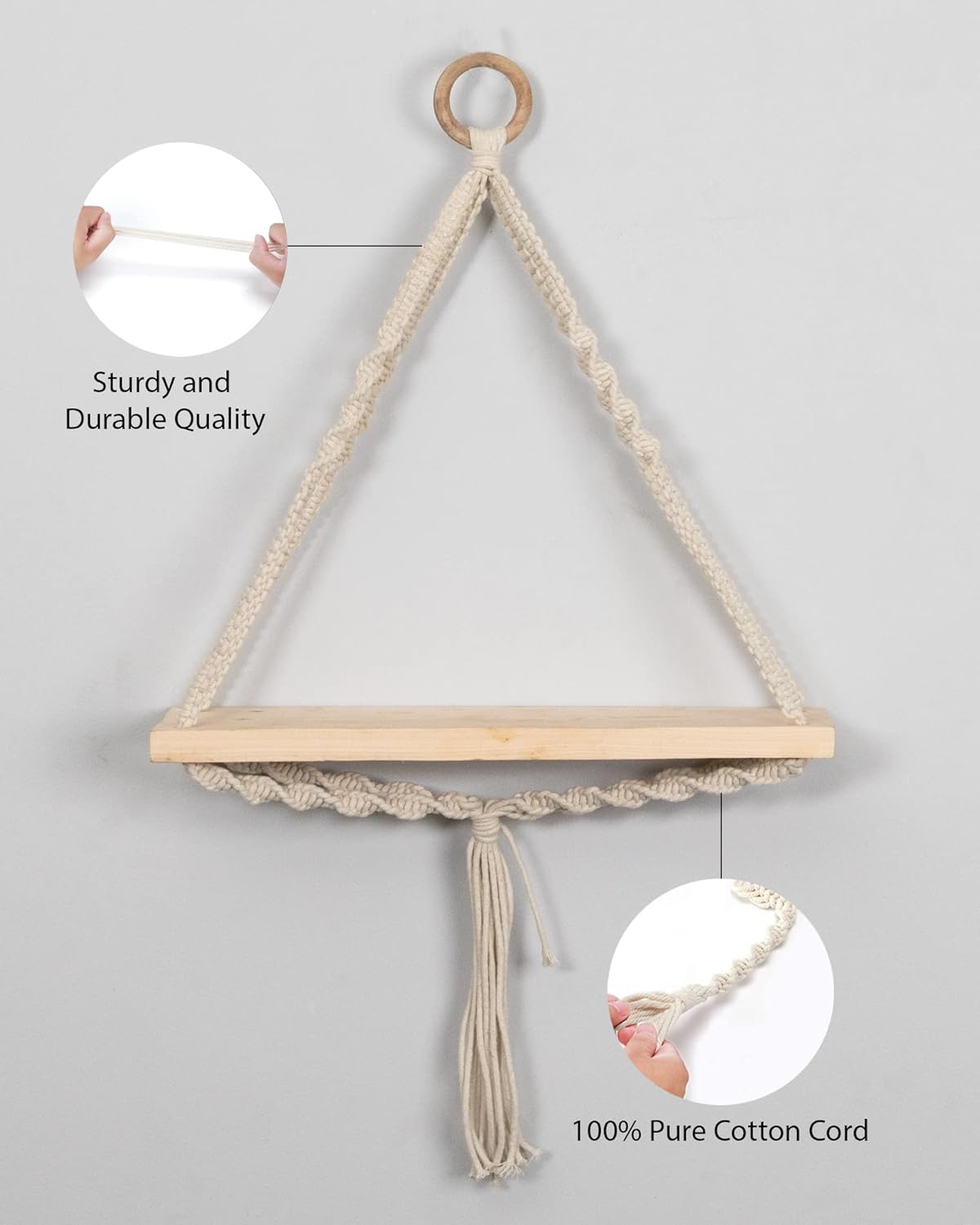 Homesake Macrame Wall Hanging Shelf Woven Home Decor Wood Floating Storage Shelf Bohemian Handmade Cotton Rope,Living Room, Balcony, Garden, (71 L x 40 W), Beige